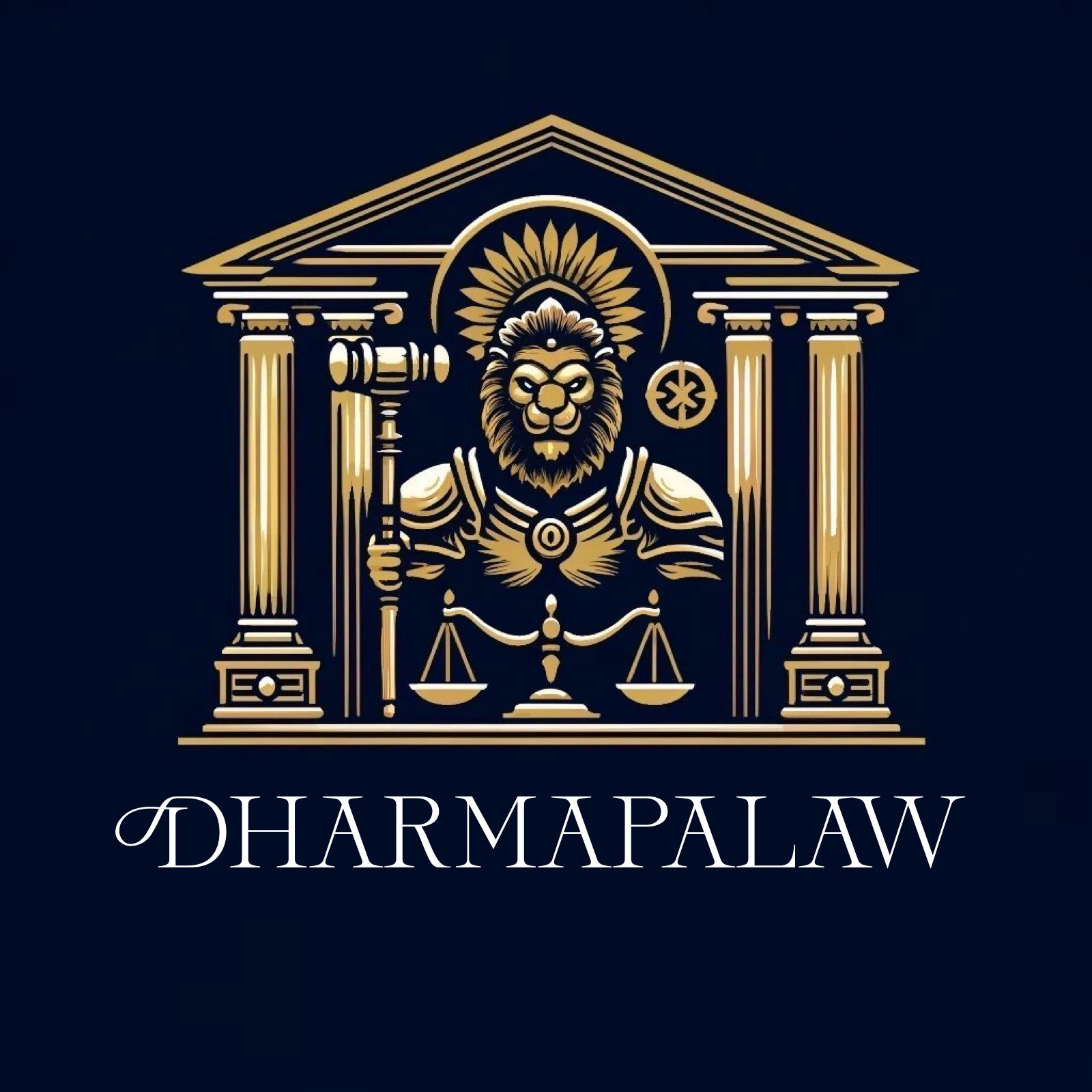 DharmaPalaw — gold lion-warrior with gavel and scales of justice