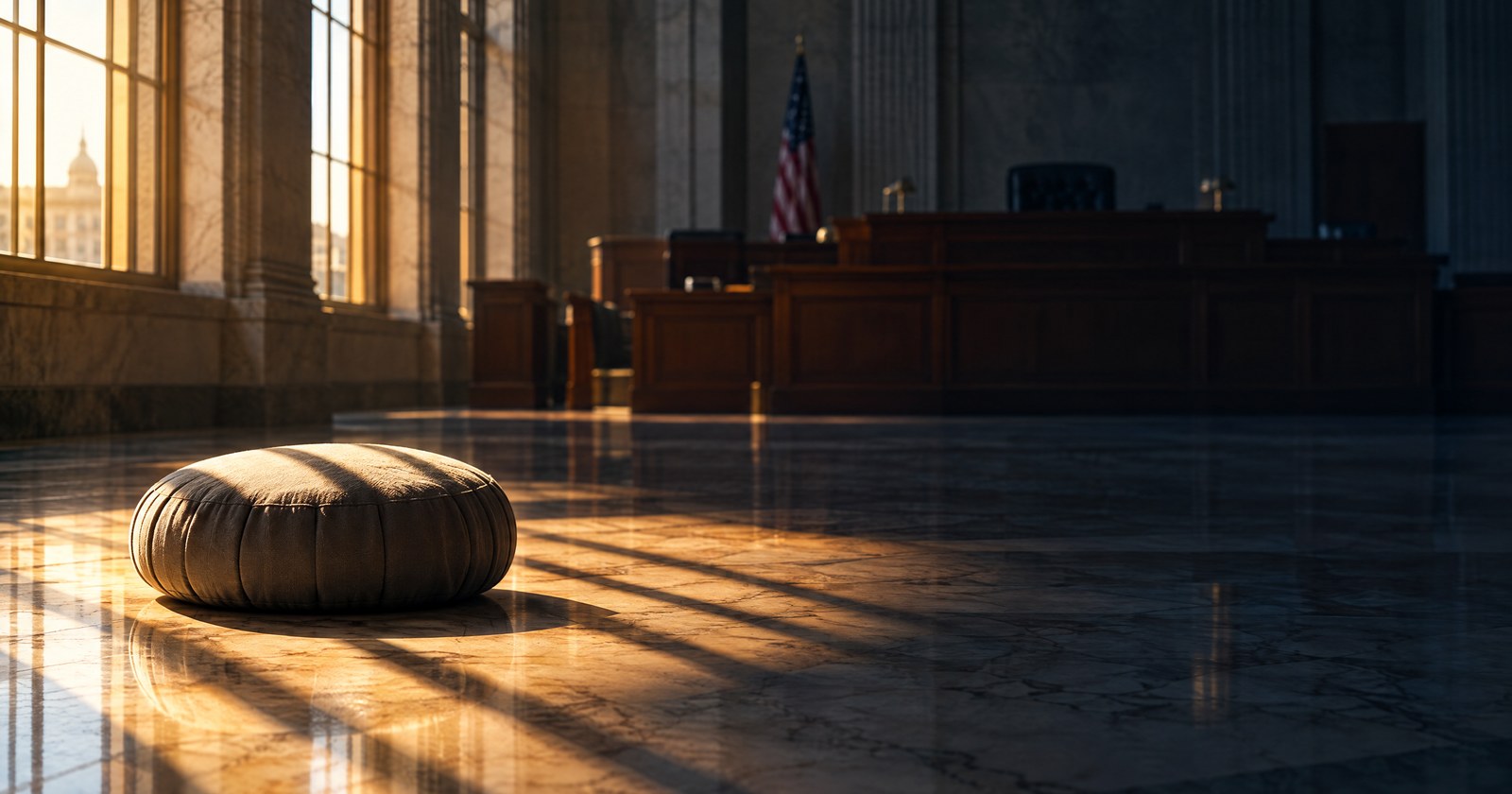 A meditation cushion on the marble floor of an empty courtroom, with window shadows falling across it like bars
