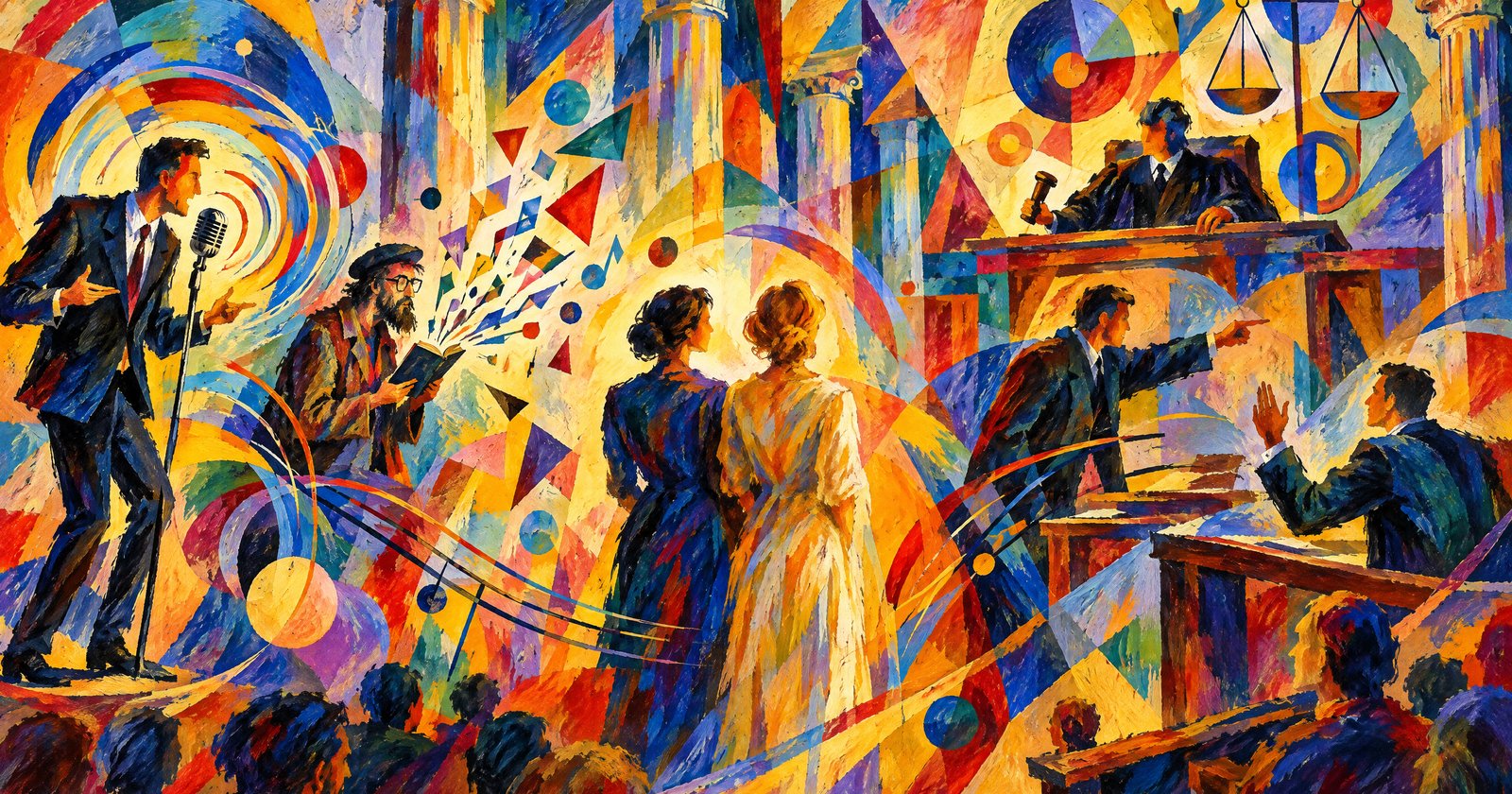 Colorful abstract painting of a courtroom: a comedian at a microphone, a poet reading, two women facing the bench, a prosecutor, a defense attorney, and a judge
